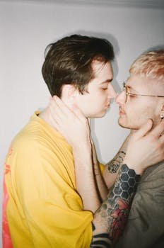 A close-up of a loving couple embracing, showcasing LGBT pride and affection.