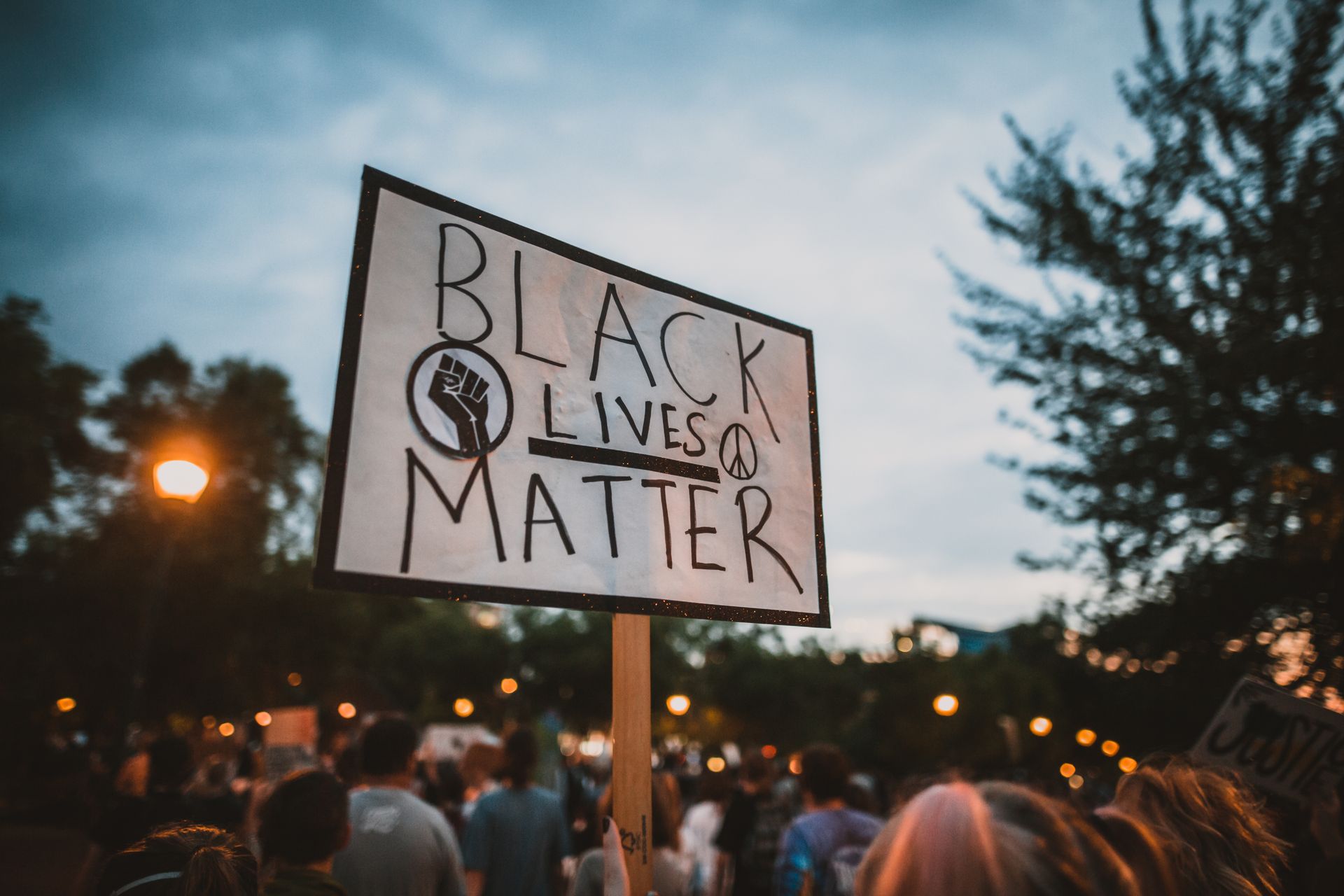 From below of anonymous female holding sign with black lives matter inscription during anti racism campaign against cloudy sky