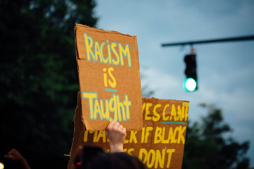 Crop anonymous activist demonstrating placard with racism is taught text while protesting for Black Lives Matter movement in evening