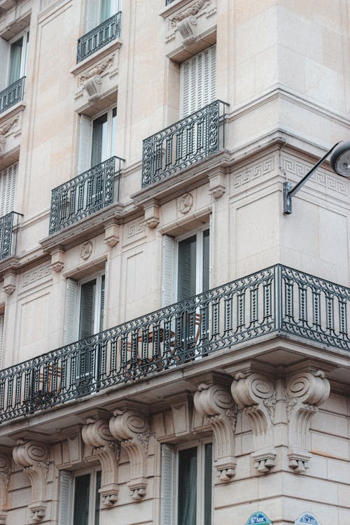 Facade of old residential house with balconies