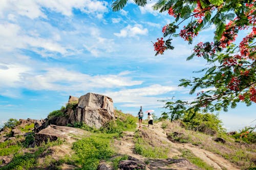 People Walking on the Cliff of a Rocky Mountain