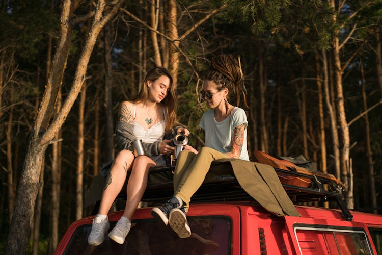 Women Sitting On Car Roof In Forest