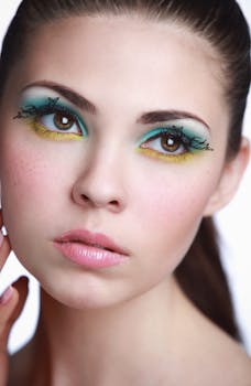 Close-up portrait of woman with vibrant makeup and perfect skin.