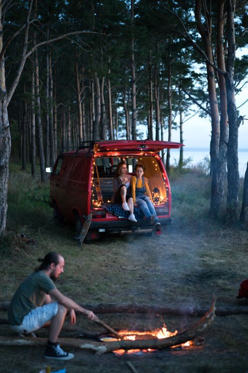 Free Friends enjoying a camping trip with a bonfire near a camper van in a forest. Stock Photo