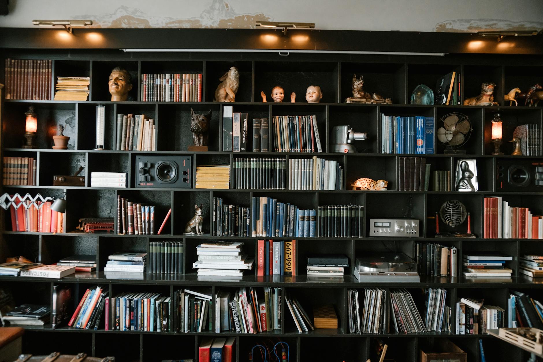 Styled Bookshelves With Books, Sculptural Objects, And Plants