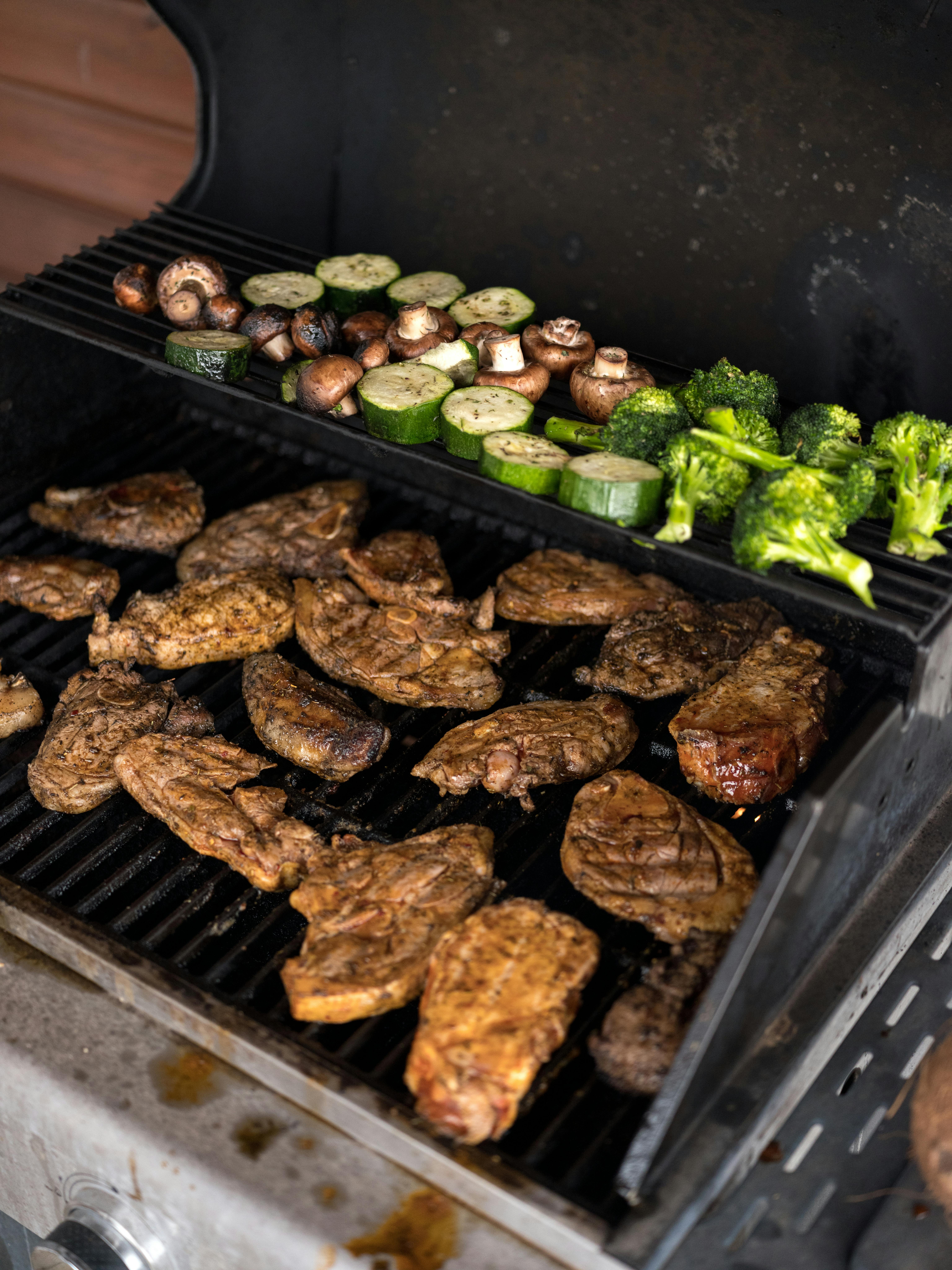 meat and vegetables on barbecue