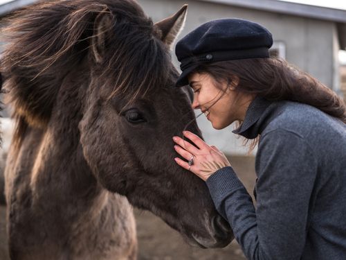 Free A woman lovingly interacting with a horse in an outdoor setting, showcasing affection and connection. Stock Photo