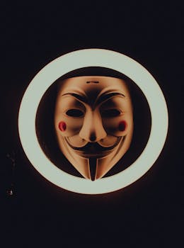 A Guy Fawkes mask encircled by a bright ring light, creating a dramatic effect.