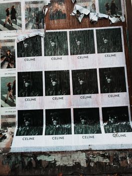 Set of various fashionable photos of people arranged in rows on wooden board