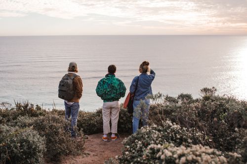 Free Three friends enjoying a scenic view of the ocean from a cliff, embracing adventure and nature. Stock Photo