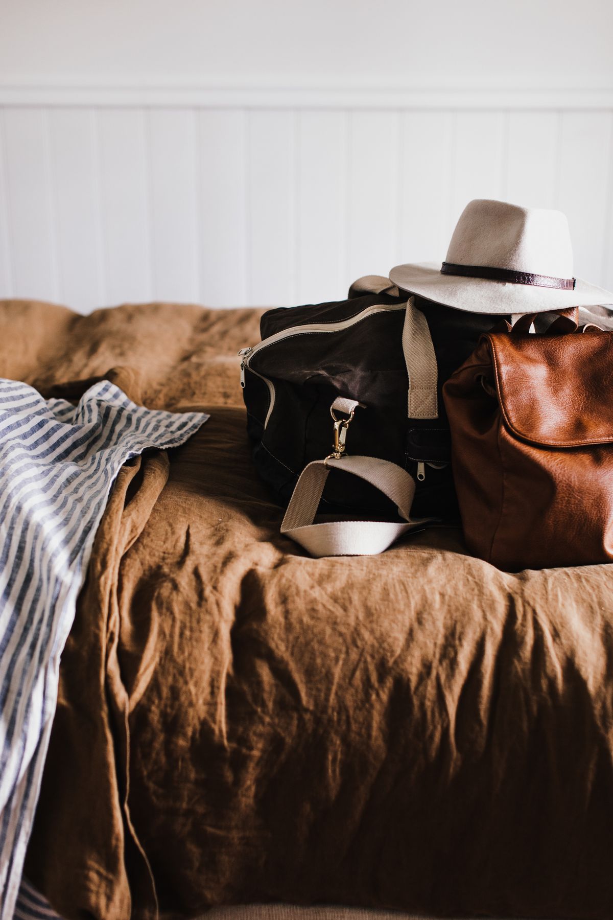 Genuine leather duffle bag on a clean surface