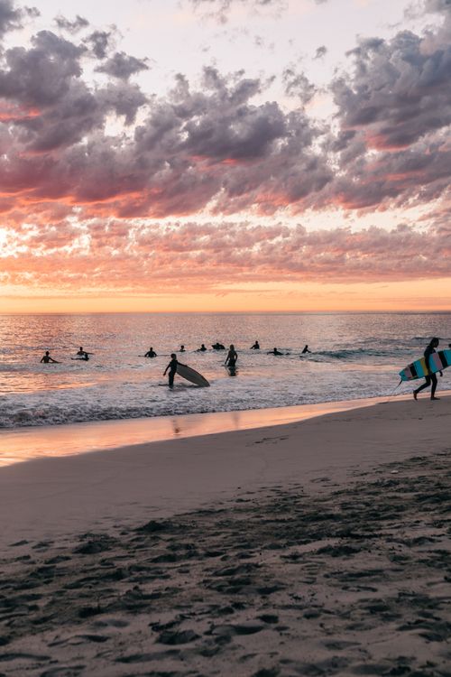 Free A group of surfers enjoy the ocean waves during a vibrant sunset at the beach. Stock Photo