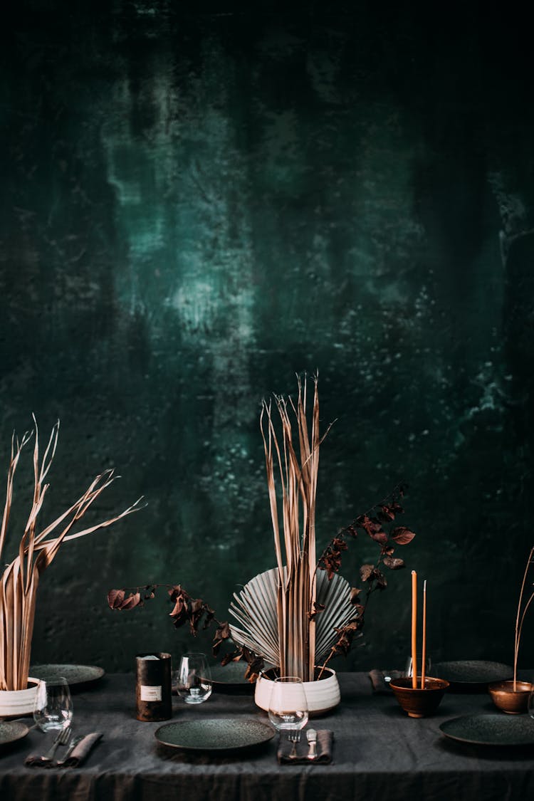 Decorated Banquet Table With Dry Plants