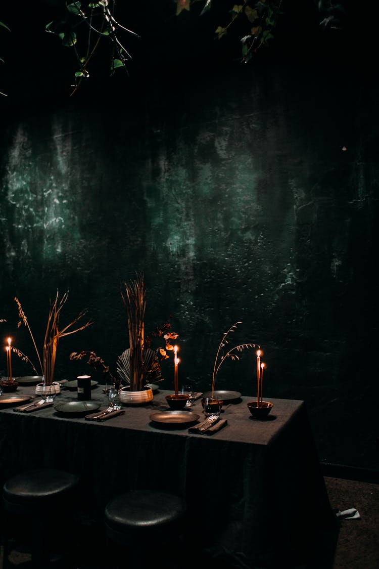 Banquet Table In Dark Restaurant With Loft Style