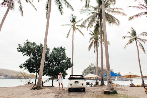 Free Unrecognizable woman near car on tropical beach Stock Photo