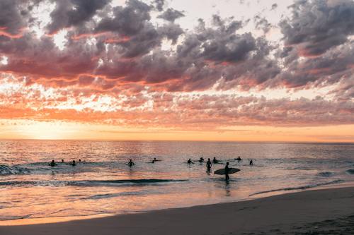 Silhouettes of anonymous travelers and surfer swimming in wavy ocean under colorful cloudy sky at sundown