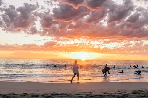 Free Breathtaking sunset on sandy beach and people enjoying time while swimming and surfing on tropical resort Stock Photo