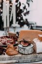 Served table with appetizers at festive banquet