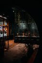 Interior of restaurant with served table