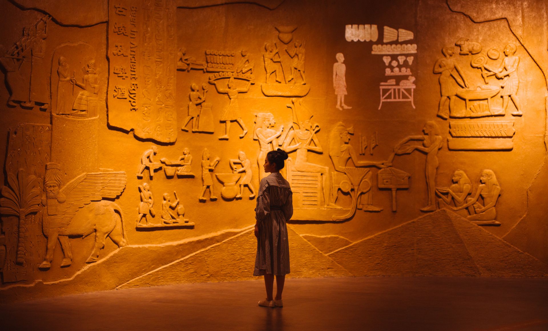 Back view of anonymous female traveler standing near ancient wall with Egyptian engraving