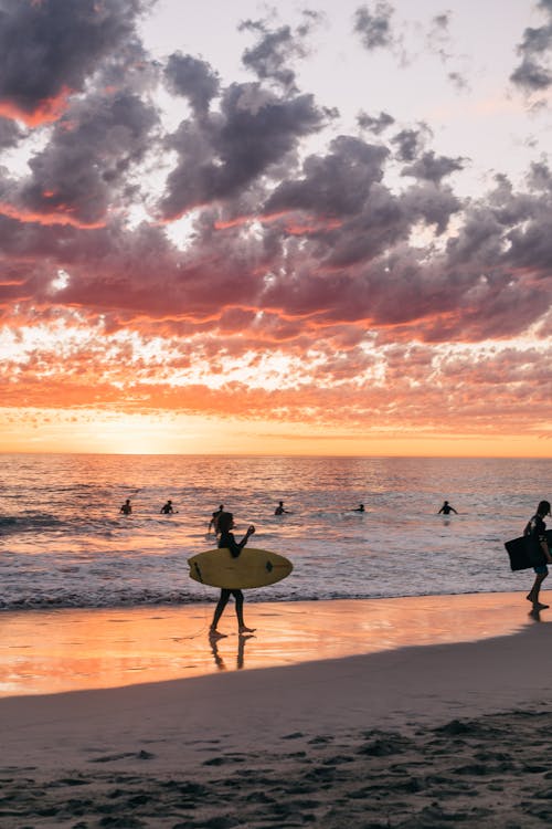 Anonymous people in swimwear surfing and swimming in calm water in summer on sandy beach