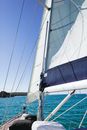 Yacht with white sail floating on blue rippling sea water to green coast