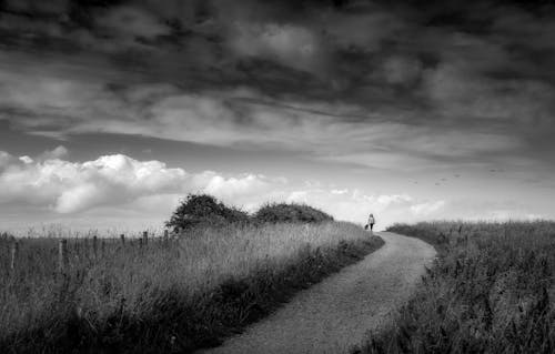 Unrecognizable tourist on narrow pathway between grass under cloudy sky