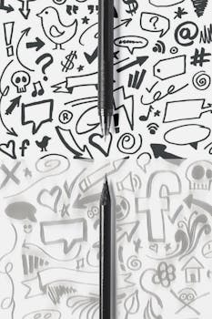 Artistic composition featuring pens and doodles against a contrasting black and white background.