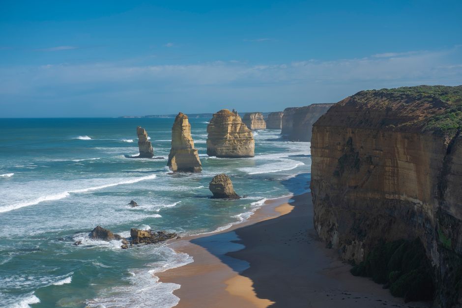Scenic view of the Twelve Apostles rock formations along the Great Ocean Road, Australia