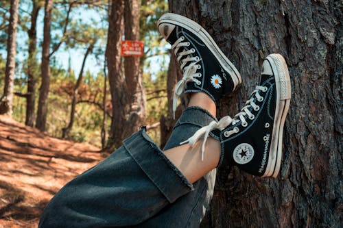 Crop unrecognizable person in trendy gumshoes near dry tree trunk on hillside in summer in afternoon