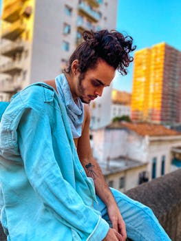 在里约热内卢，一名纹身男子正坐在栏杆上，若有所思，城市背景清晰可见