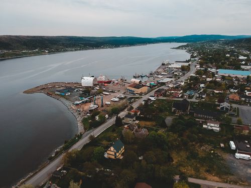 Free Drone view of peaceful town with lush vegetation located on lake shore on cloudy day Stock Photo