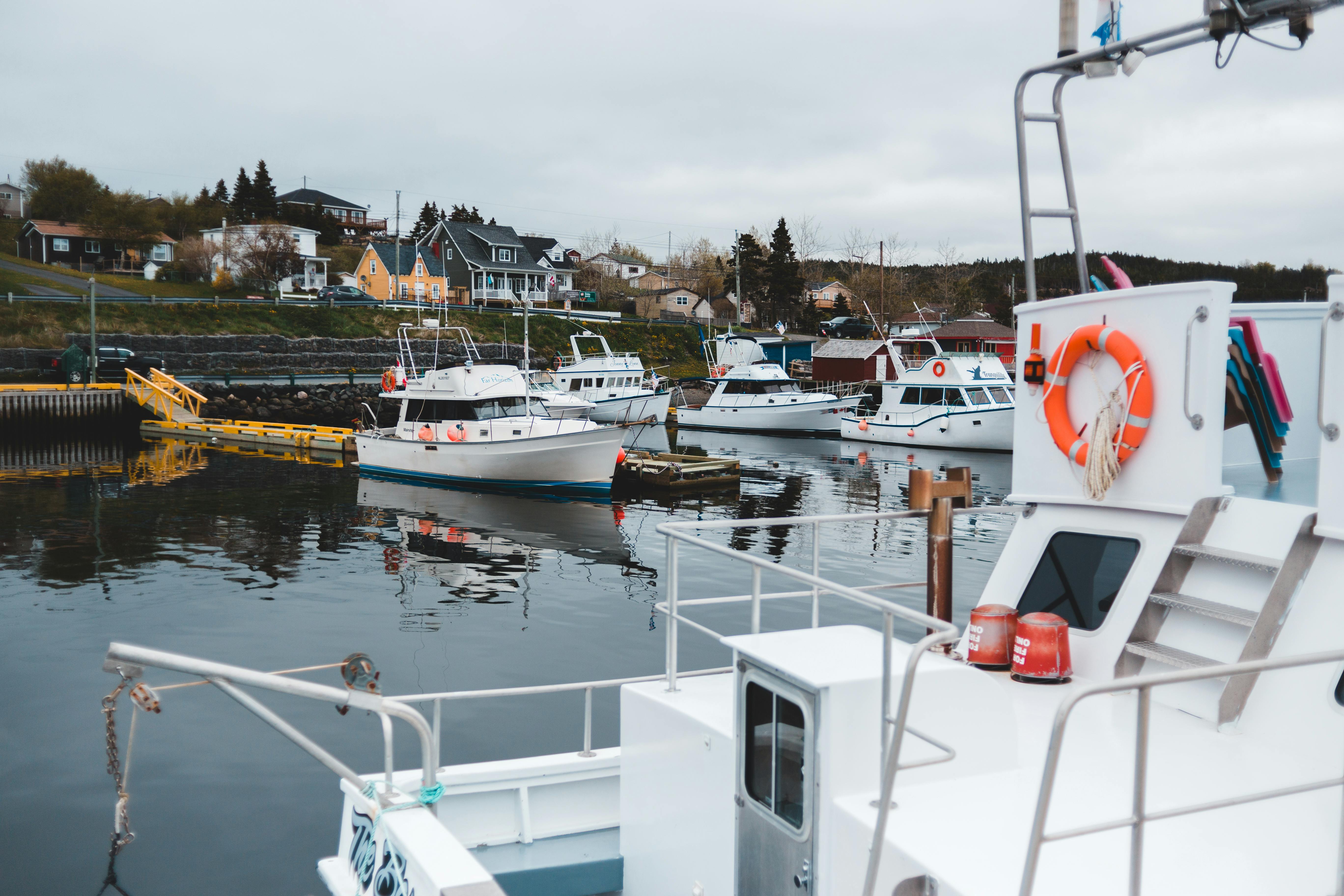 Modern motorboats moored on calm river surface near pier and coastal settlement on overcast day