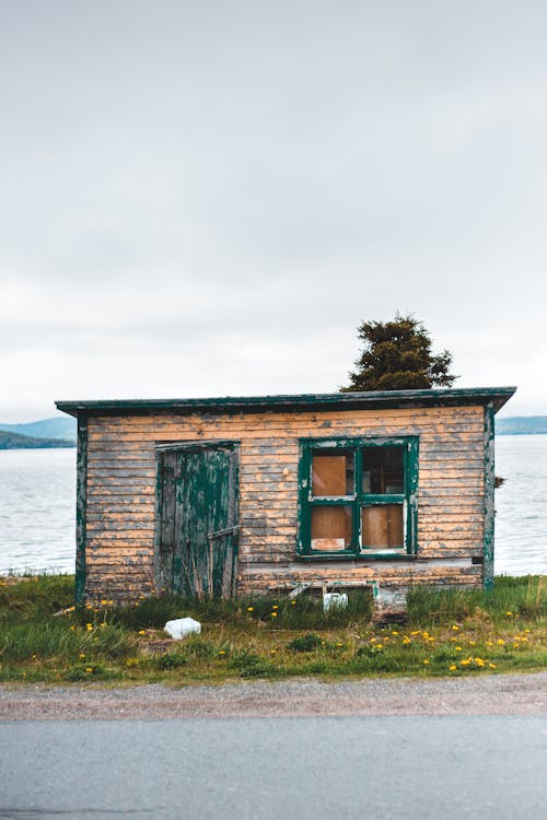 Exterior of shabby desolated wooden cottage located on grassy seacoast under gray overcast sky