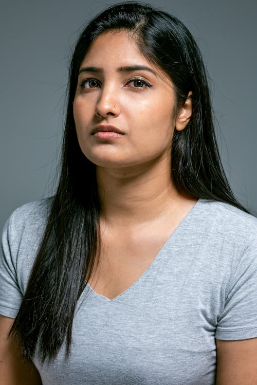 Portrait of a Woman Wearing Grey T-Shirt