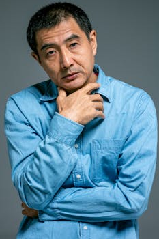 一位穿着蓝色牛仔衬衫的体贴男人，手托下巴，神情严肃