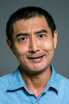 一名表情沉思、身穿蓝色牛仔衬衫的男子特写