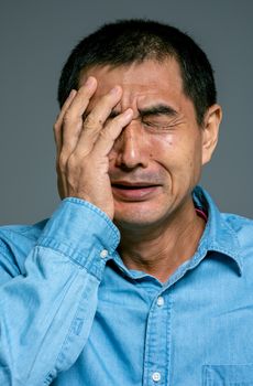 一名身穿蓝色衬衫、遮住脸、表情痛苦的男子特写