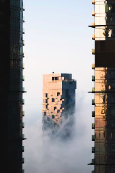晨雾笼罩着迪拜的一座现代化摩天大楼，展现出时尚的建筑风格