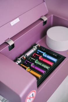 Vertical shot of a lilac box displaying multicolored cosmetic tools stored neatly.