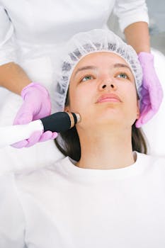 Woman receiving laser skincare treatment at a clinic.