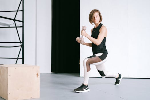 A young woman performing lunges with dumbbells in a modern indoor gym setting.
