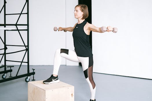 Woman performing fitness exercise with dumbbells in a gym setting, showcasing strength and balance.