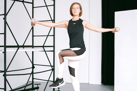 Woman in activewear doing a dumbbell exercise indoors maintaining fit lifestyle.