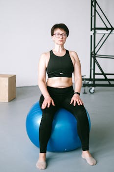 Adult woman in gym attire exercising on a stability ball indoors for fitness and balance.