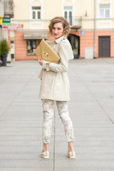 一位穿着米色外套和花卉裤子的时尚女士，手拿手提包走在城市街道上