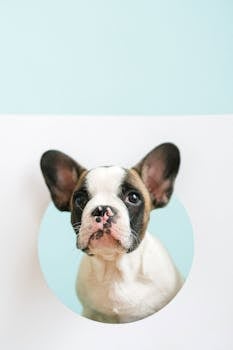 Adorable French Bulldog puppy with head through a pastel circle backdrop.