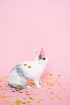 Cute rabbit wearing party hat with gold confetti on pink backdrop, perfect for celebrations.