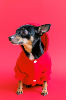 Adorable pinscher puppy wearing a red coat against a matching red background.