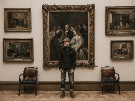 A man stands in a museum gallery surrounded by vintage paintings., free online jigsaw puzzle on JigsawPuzzlesFreeOnline.org